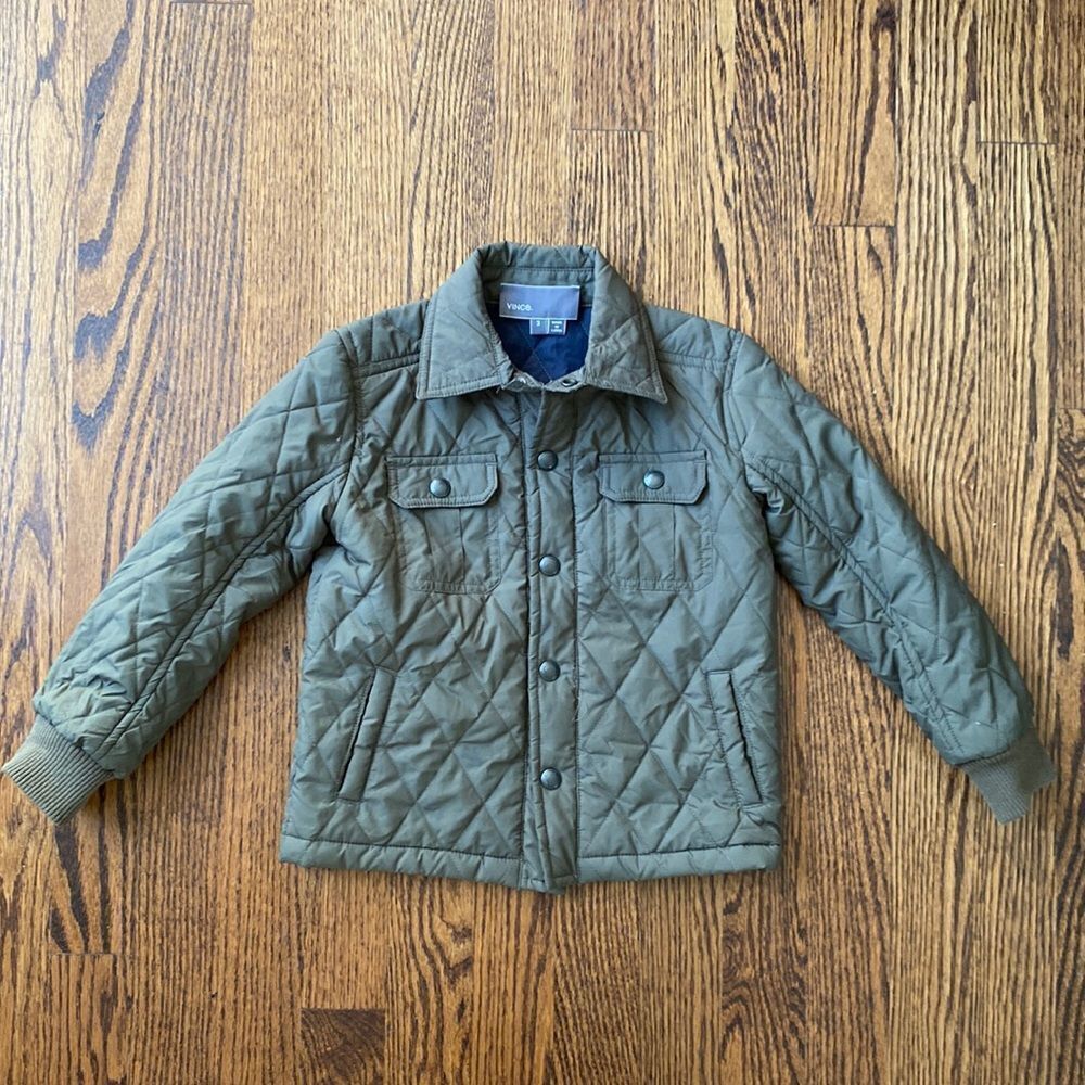 Vince. Kid’s 3 Quilted Puffer Jacket Snap Closures Pockets Ribbed Cuffs Stretch